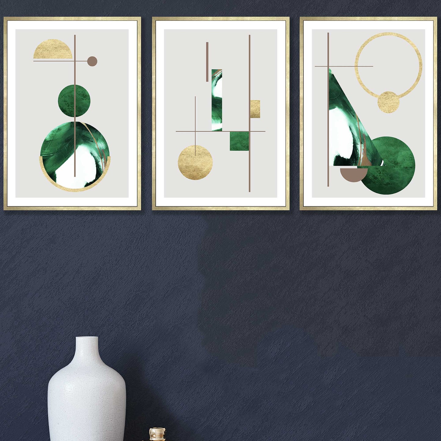 Art-Deco-Set aus 3 strukturierten, geometrischen Wandbildern in Grün und Gold