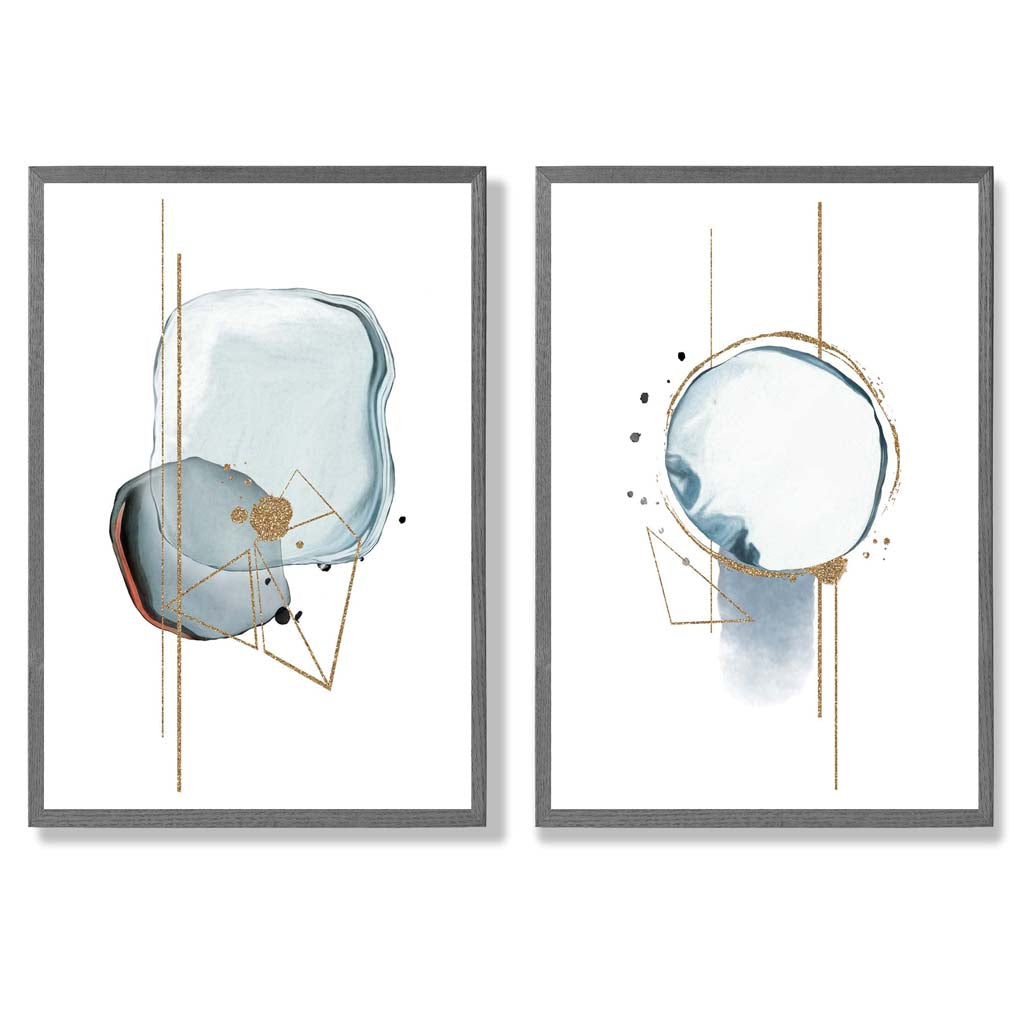 Aquablaue abstrakte Formen, gerahmtes 2er-Set Kunstdrucke