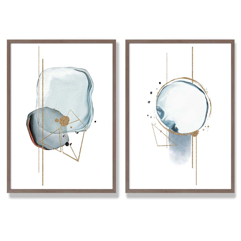 Aquablaue abstrakte Formen, gerahmtes 2er-Set Kunstdrucke