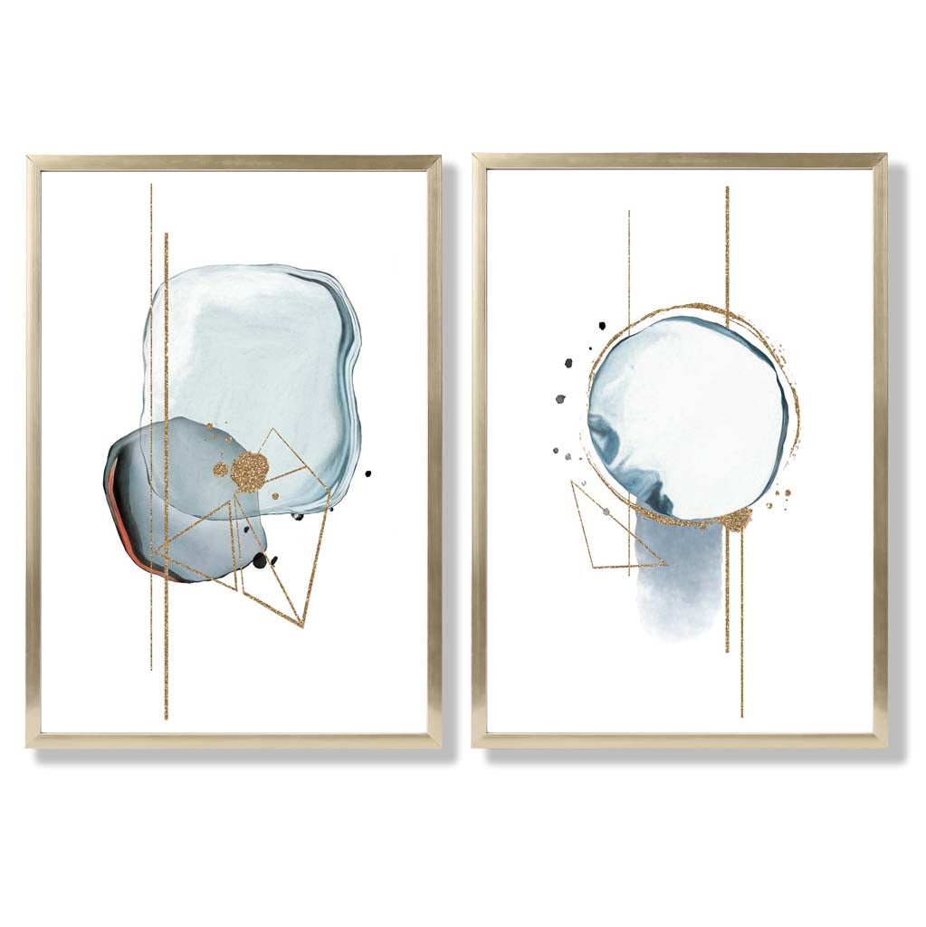 Aquablaue abstrakte Formen, gerahmtes 2er-Set Kunstdrucke