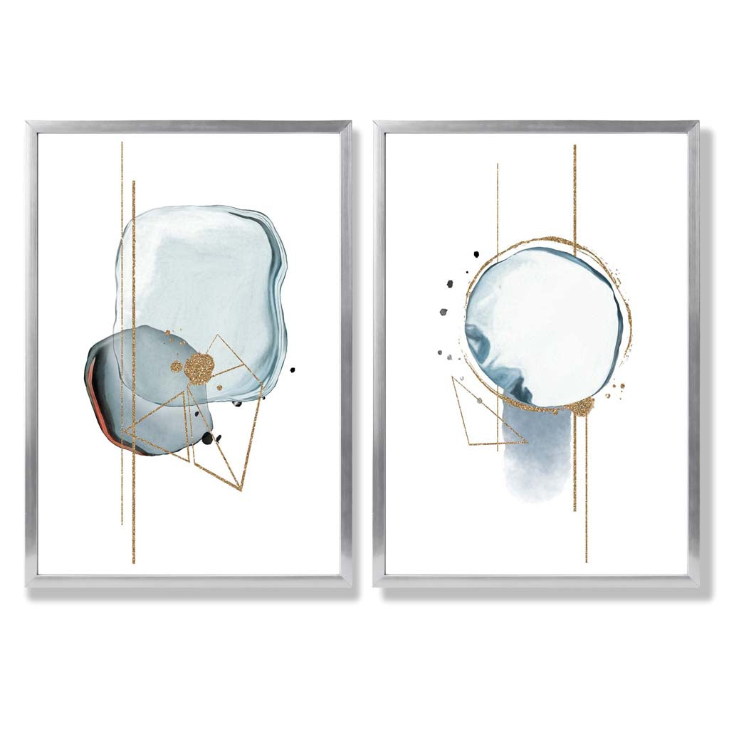 Aquablaue abstrakte Formen, gerahmtes 2er-Set Kunstdrucke