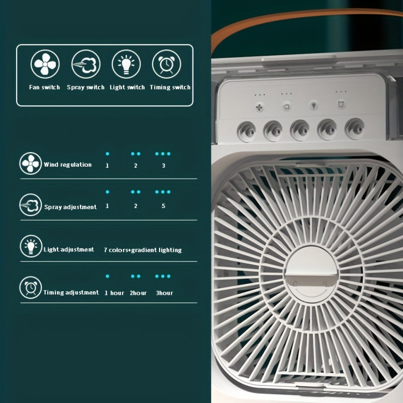 1pc Tragbare Klimaanlage, Tragbarer Luftkühler für den Haushalt, Hydrokühlventilator, Tragbare Luftanpassung für das Büro, 3-Geschwindigkeits-Luftkühlventilator-Luftbefeuchter, 5 Stück befeuchtete Sprühköpfe für Haushaltsgeräte | Brehn