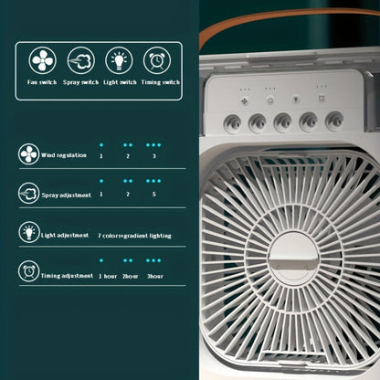 1pc Tragbare Klimaanlage, Tragbarer Luftkühler für den Haushalt, Hydrokühlventilator, Tragbare Luftanpassung für das Büro, 3-Geschwindigkeits-Luftkühlventilator-Luftbefeuchter, 5 Stück befeuchtete Sprühköpfe für Haushaltsgeräte | Brehn