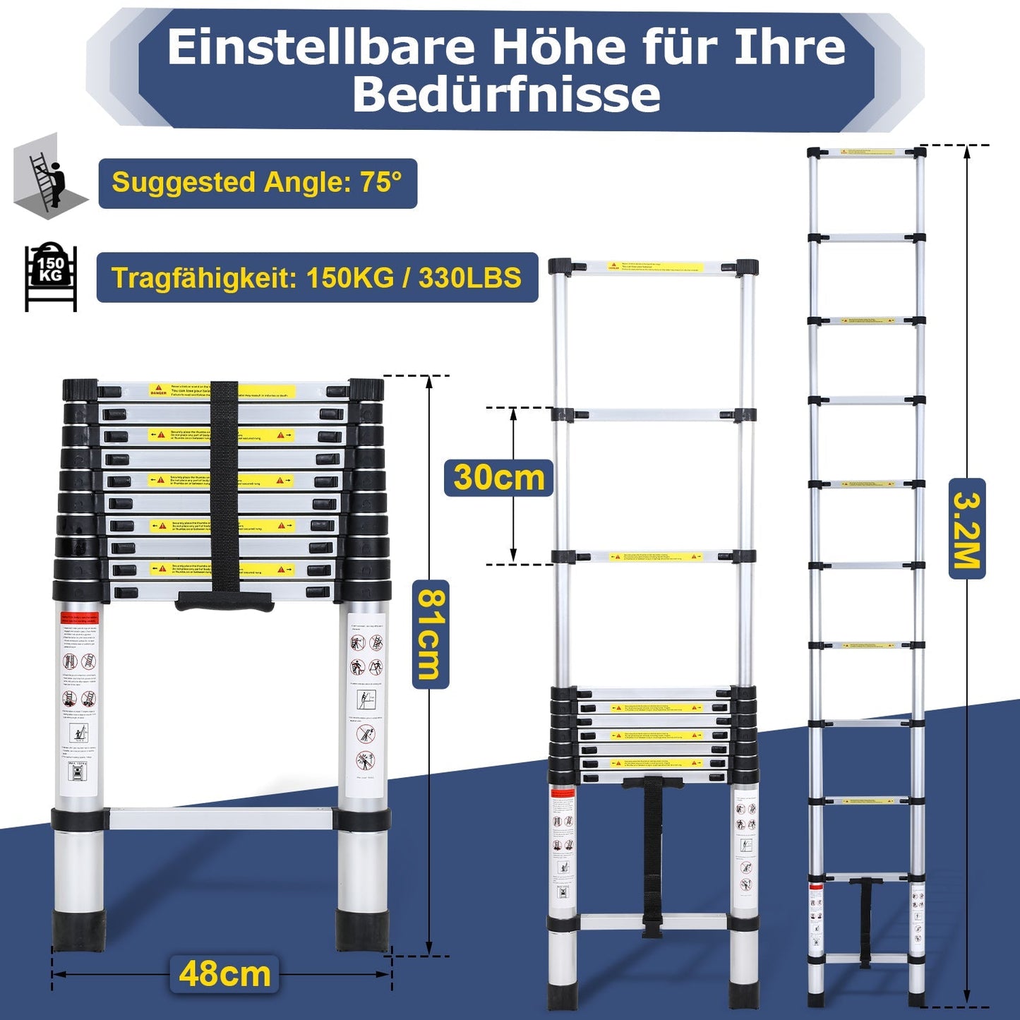 Teleskopleiter Aluminium Belastbarkeit bis zu 150kg 2.6m-5m | Brehn