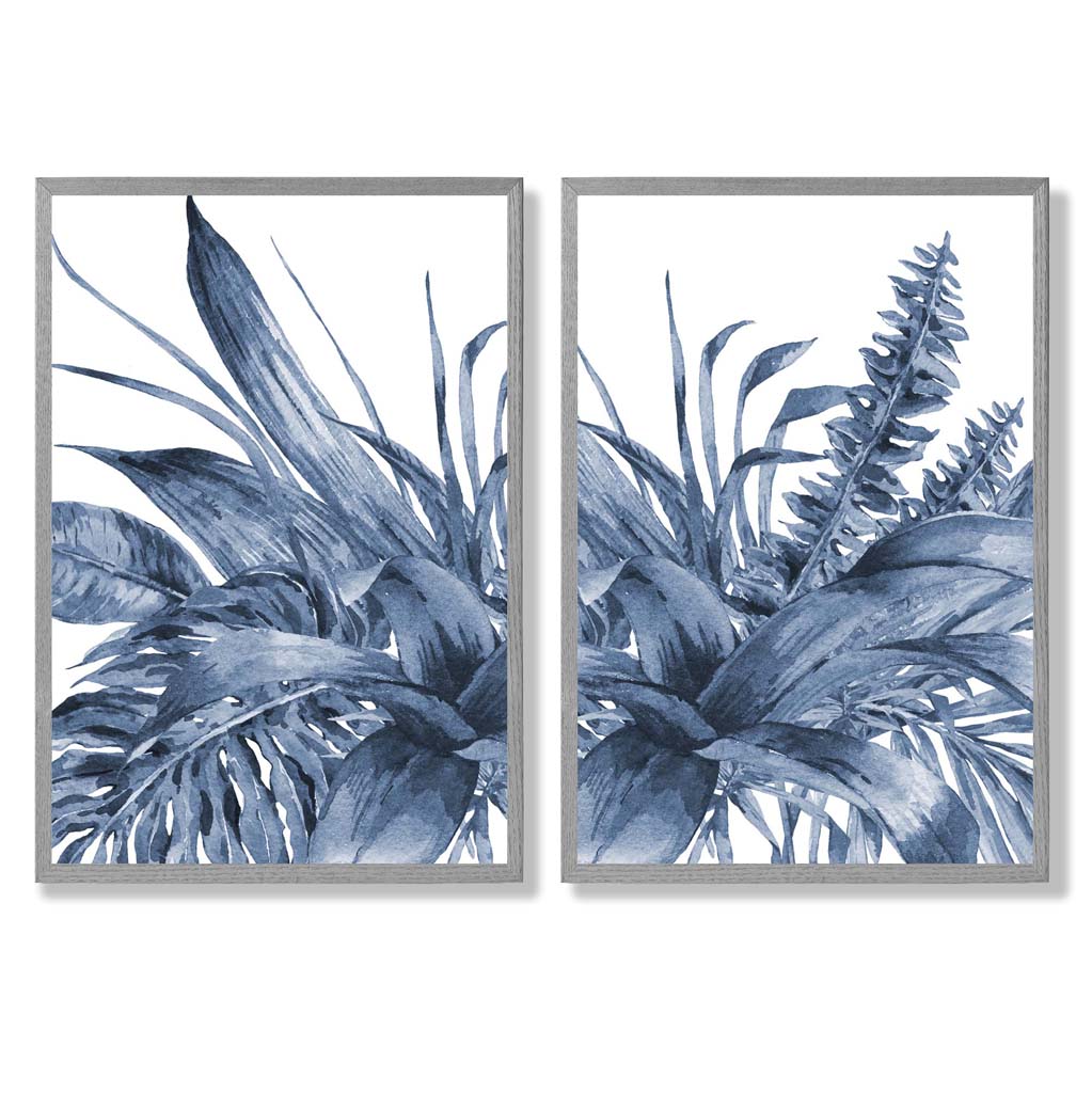 Set aus 2 gerahmten Aquarell-Kunstdrucken mit blauen tropischen Blättern
