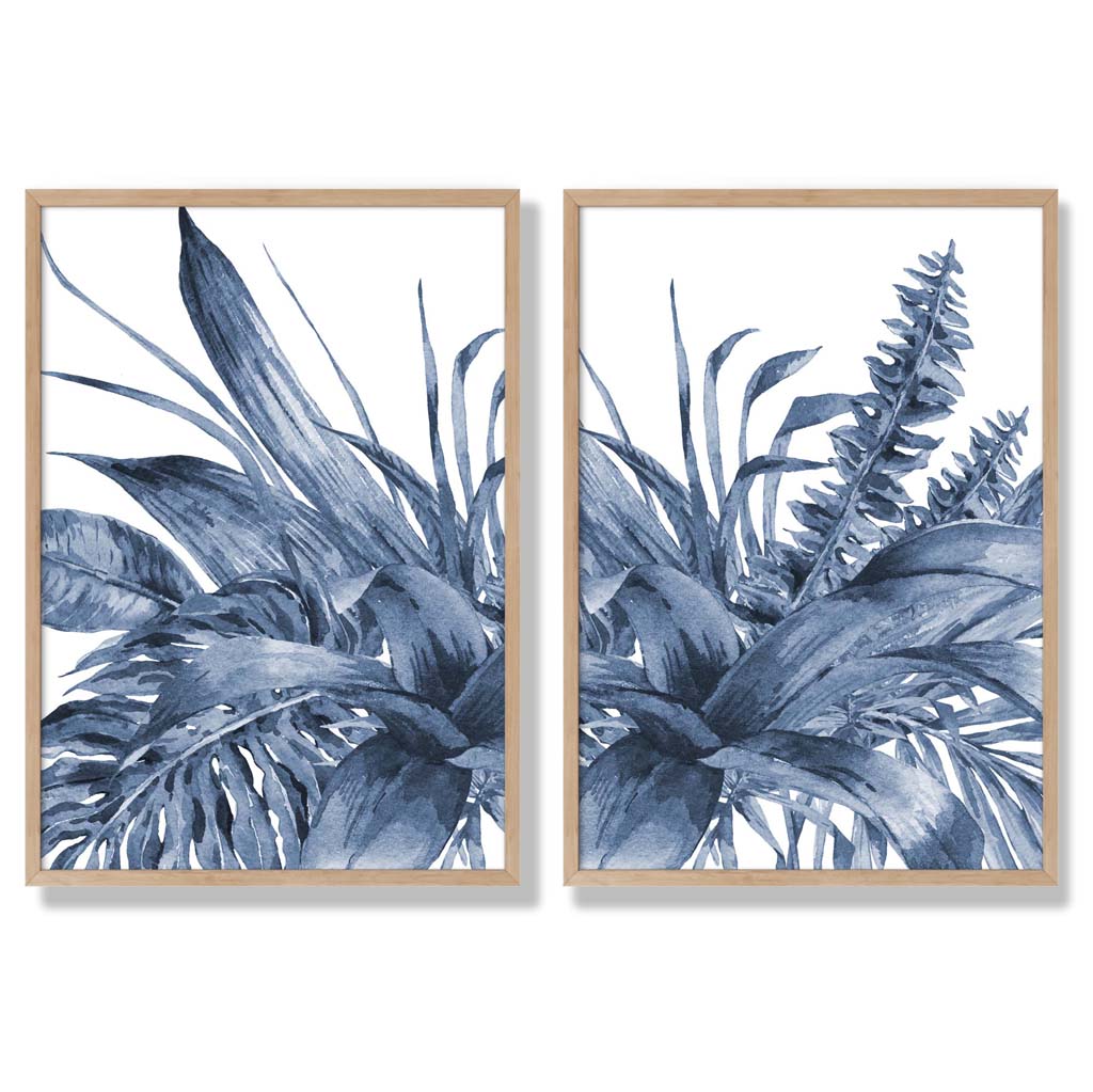 Set aus 2 gerahmten Aquarell-Kunstdrucken mit blauen tropischen Blättern