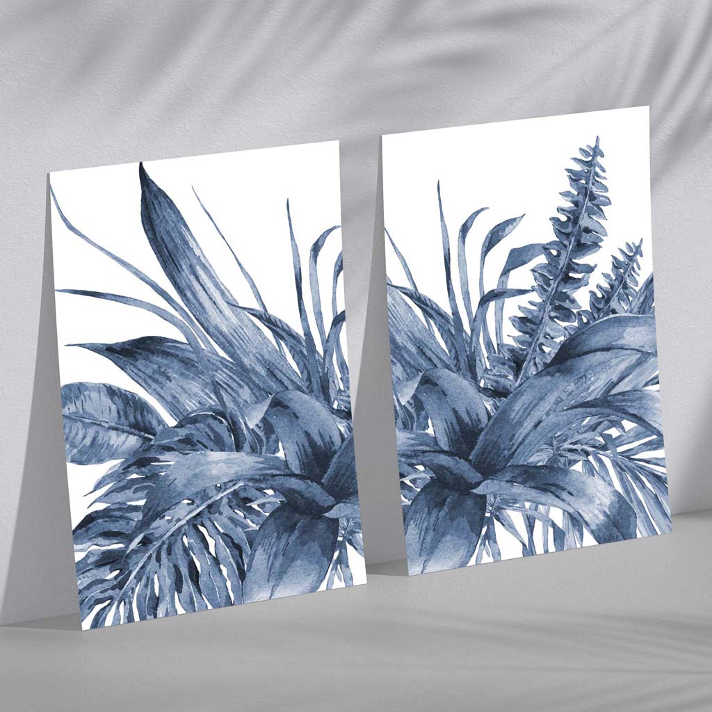 Set aus 2 gerahmten Aquarell-Kunstdrucken mit blauen tropischen Blättern