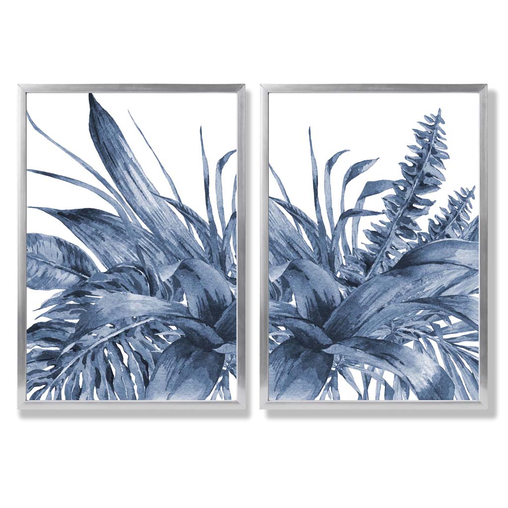 Set aus 2 gerahmten Aquarell-Kunstdrucken mit blauen tropischen Blättern
