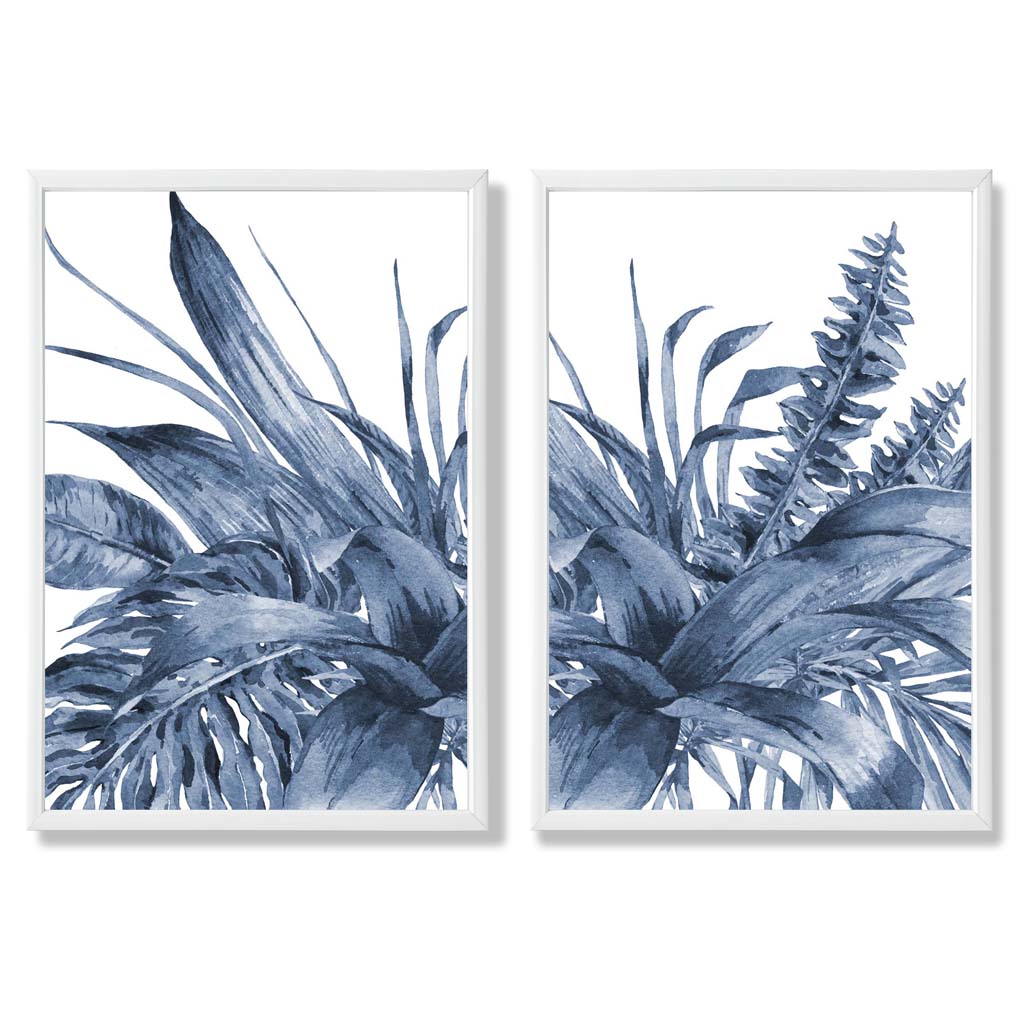 Set aus 2 gerahmten Aquarell-Kunstdrucken mit blauen tropischen Blättern