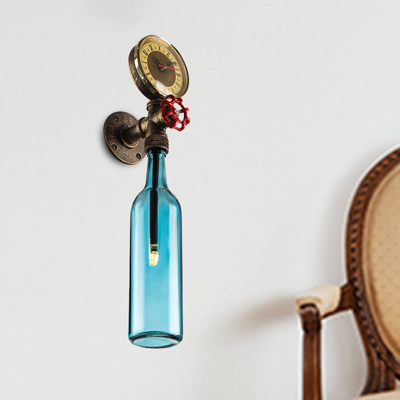 Braune/Blaue Flaschen Wandleuchte Lampe Vintage Stilvolle Glas 1 Glühbirne Wohnzimmer Wandbeleuchtung mit Manometer und Ventil