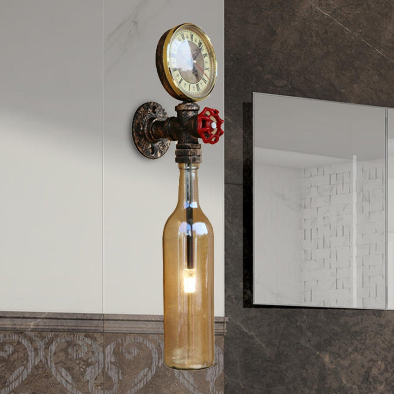 Braune/Blaue Flaschen Wandleuchte Lampe Vintage Stilvolle Glas 1 Glühbirne Wohnzimmer Wandbeleuchtung mit Manometer und Ventil