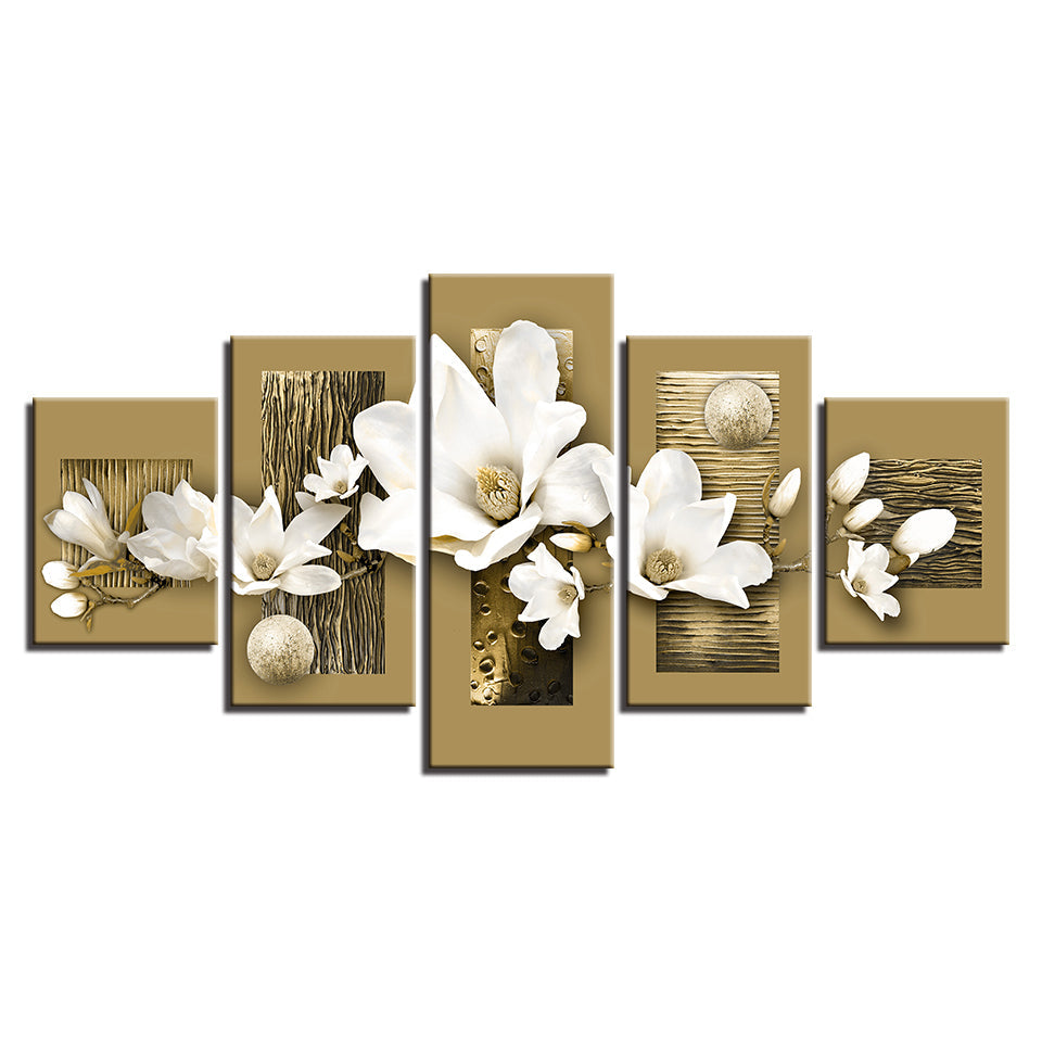 Goldene Akzente und weiße Magnolien 5-teilig - Leinwand Wandkunst Malerei