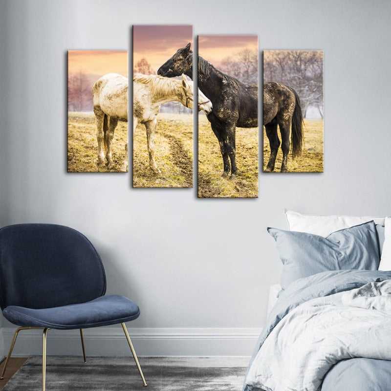 4-teilige Schwarz-Weiß-Pferde - Leinwand Wandkunst Gemälde | Brehn