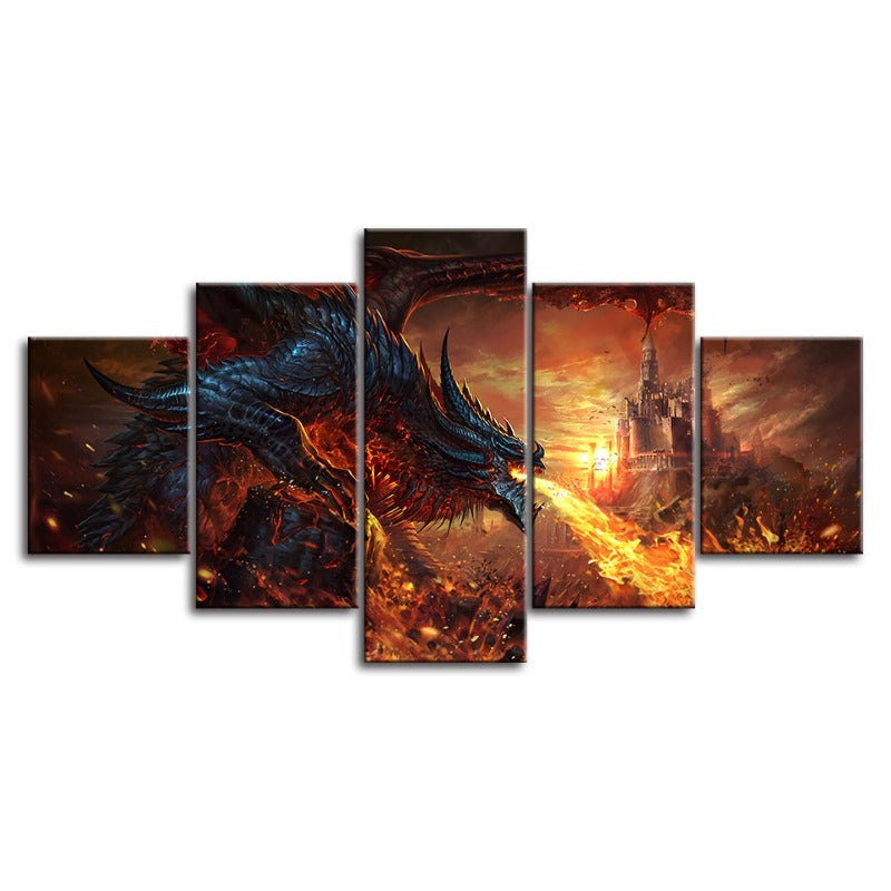 Dragon und Schloss - 5 Teile Leinwand Wandkunst Malerei