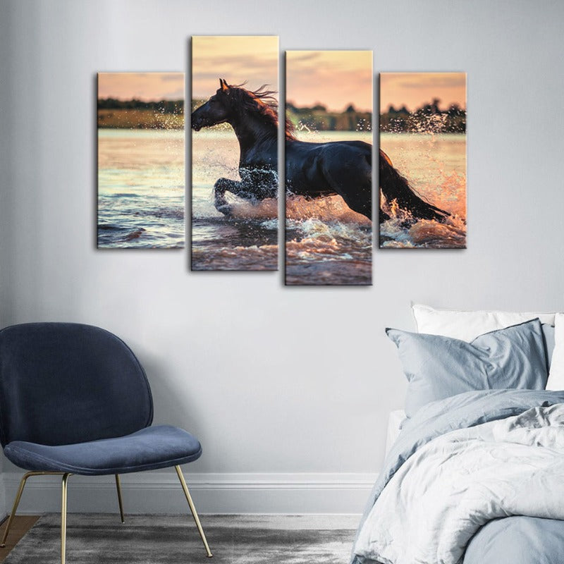 4-teilige laufende Pferde im Wasser - Leinwand Wandkunst Gemälde