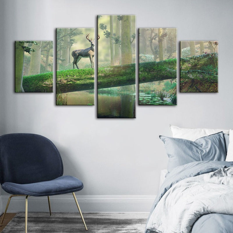 5-teilige verzauberte Wald Hirsch - Leinwand Wandkunst Malerei