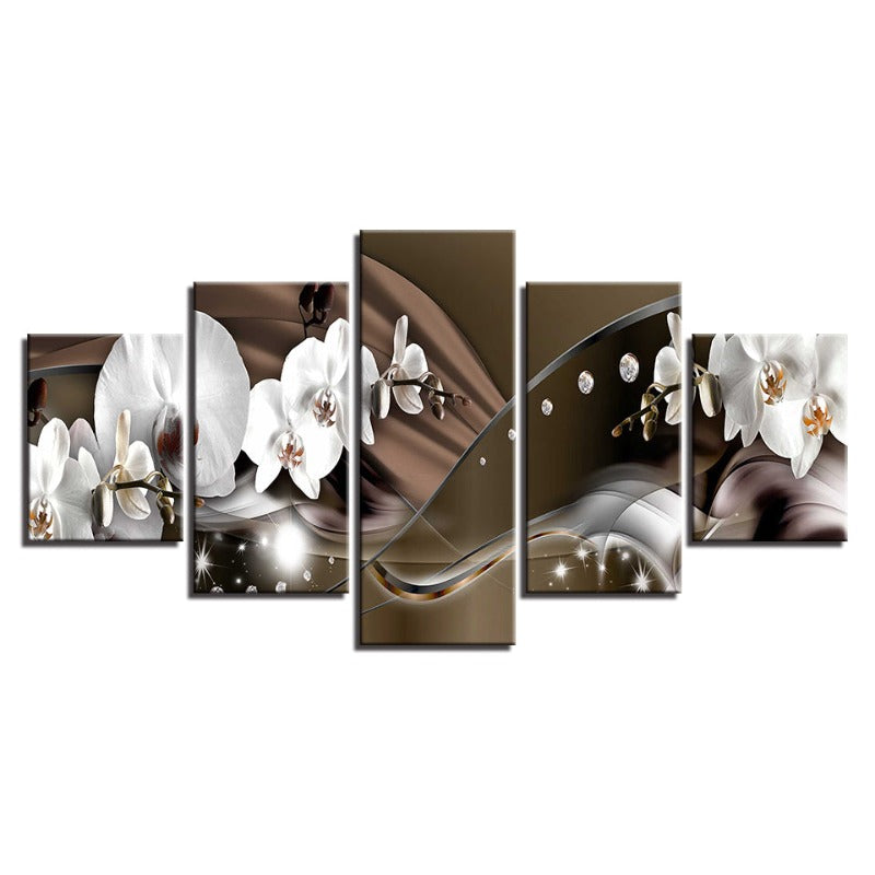 5-teiliges Leinwandbild mit braun-metallischem Hintergrund und weißen Blumen