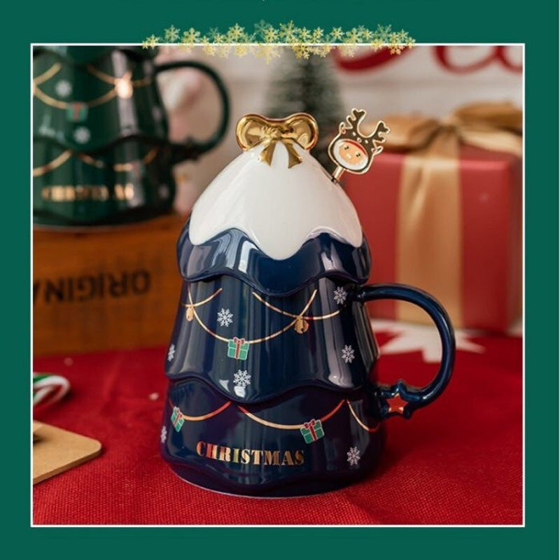 Brehn | Weihnachtsbecher Geschenk mit Deckel und Rührer Große Kapazität Keramikkaffeetasse