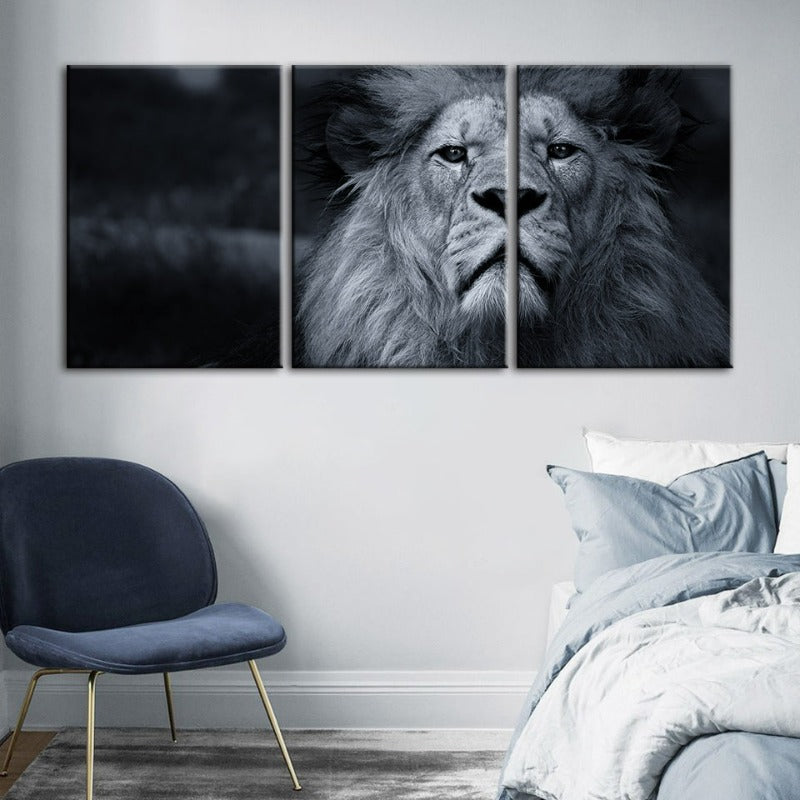 Graustufen Besorgter Löwe-Leinwand Wandkunst Gemälde 3 Teile