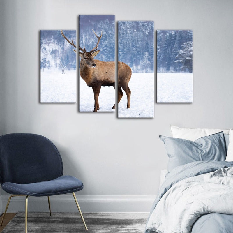 4-teilige verschneite Landschaft Reh - Leinwand Wandkunst Gemälde