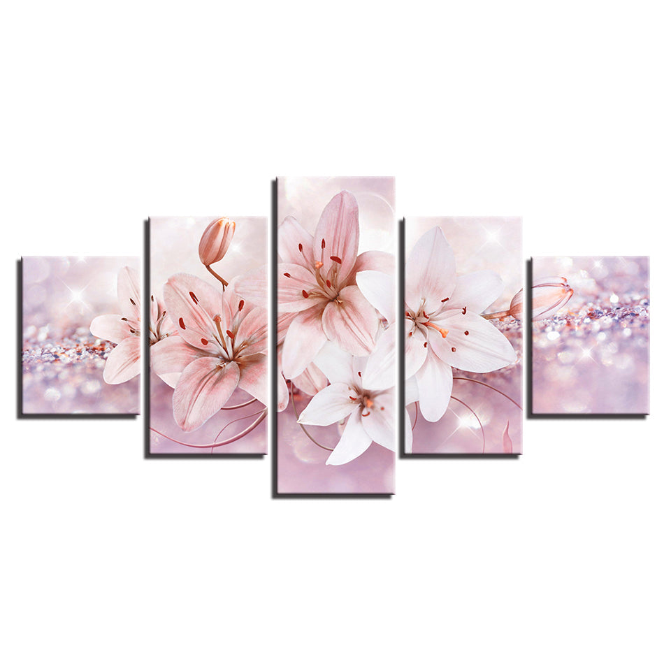 Glitzernde Sanfte Rosa Blumen 5 Stück - Leinwand Wandkunst Malerei