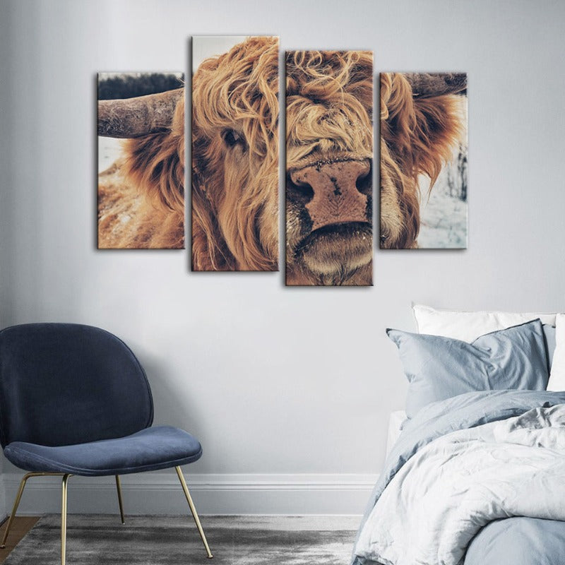 4-teilige Nahaufnahme Braun Kuh - Leinwand Wandkunst Gemälde | Brehn