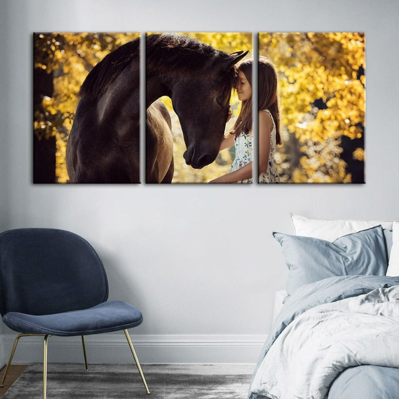 Freundschaft zwischen einem Mädchen und einem Pferd - Leinwand Wandkunst Malerei 3 Teile