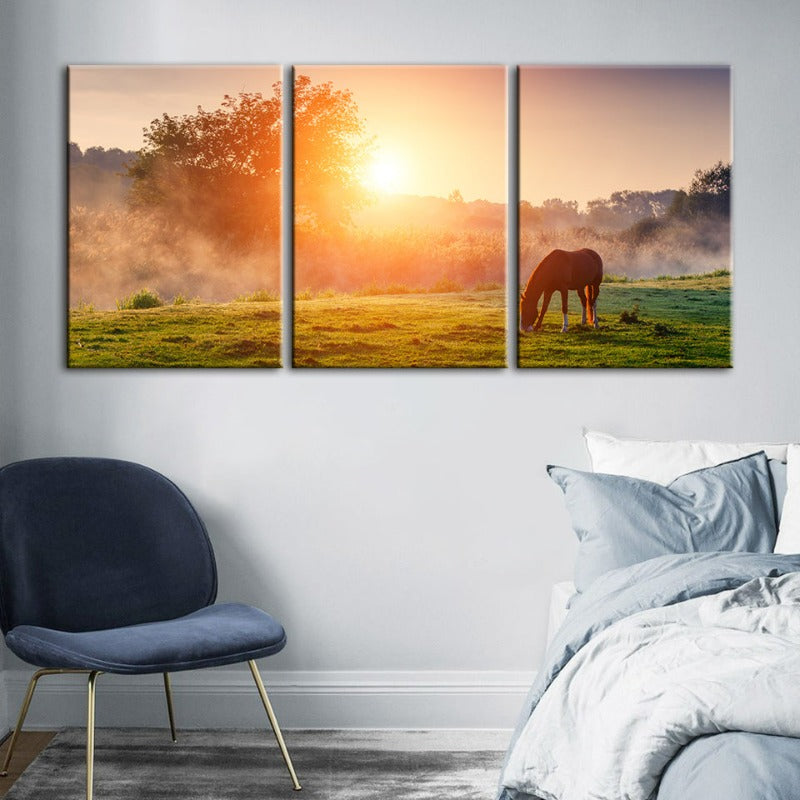 Sonnenaufgang grasendes Pferd – Leinwandbild, 3-teilig