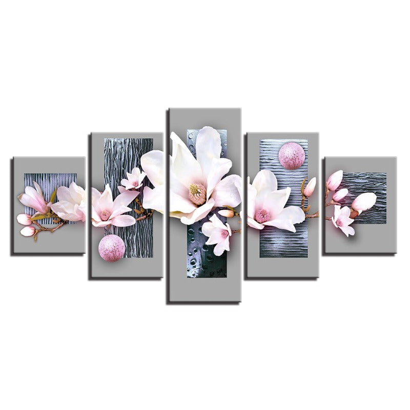 5 Stück Blau Holz Hintergrund Pink Farb Blume - Leinwand Wand Kunst Malerei