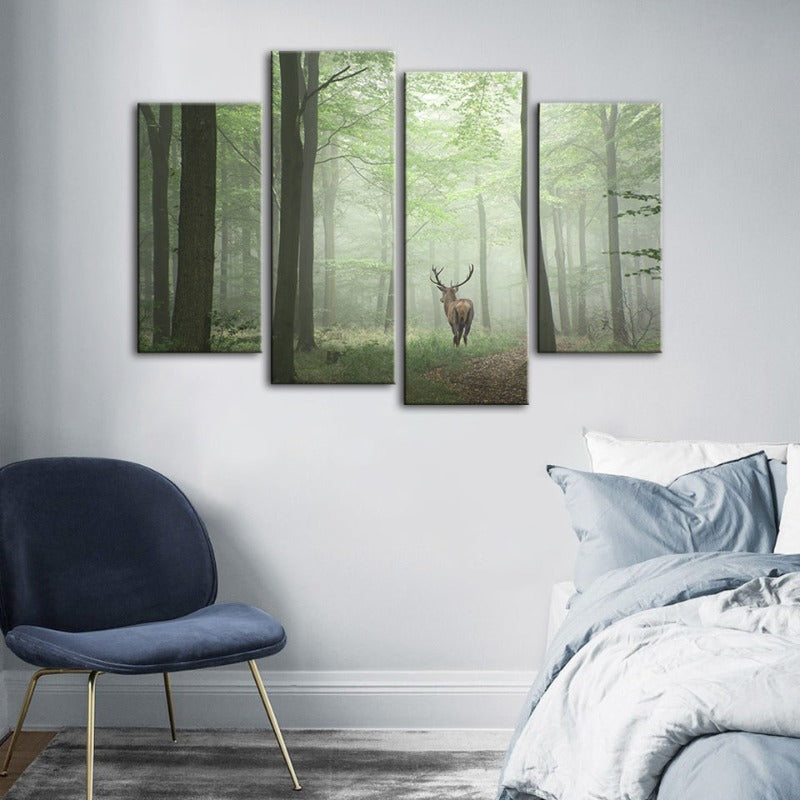 4 Stück Neblige Mystische Rehe im Wald - Leinwand Wandkunst Gemälde