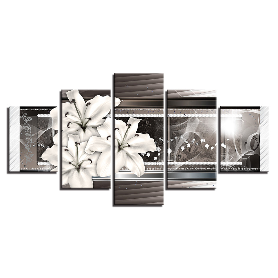 5-teiliges Weiß- und Silberblumen - Leinwand Wandkunst Gemälde