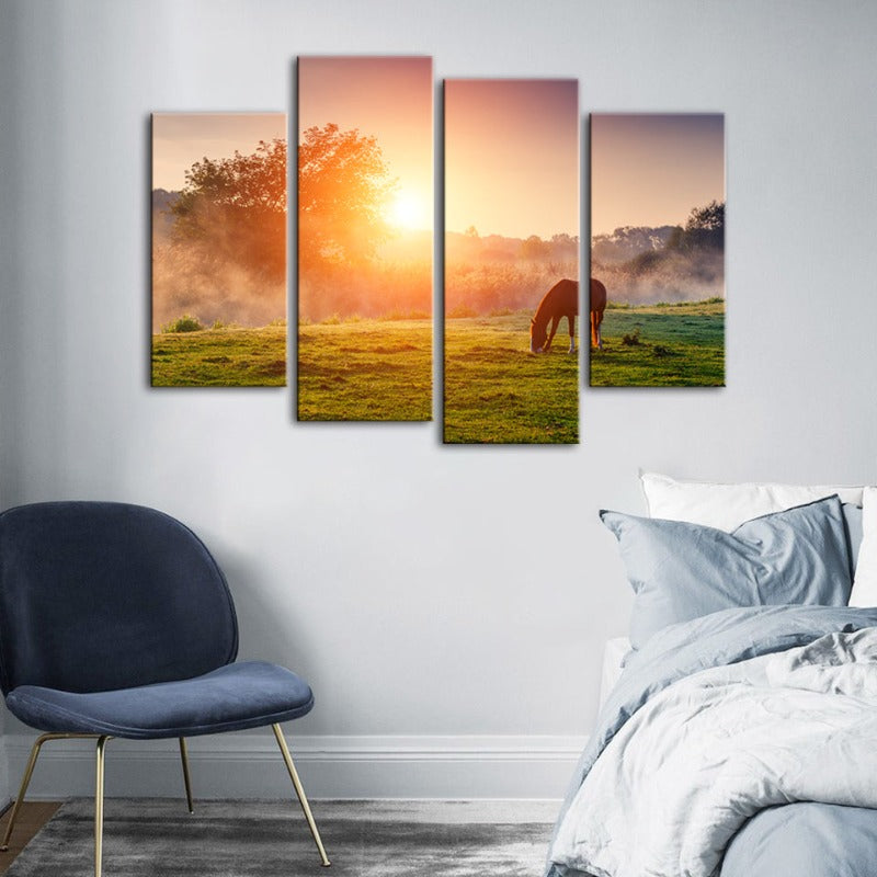 4-teilige Sonnenaufgang Weidepferd - Leinwand Wandkunst Malerei