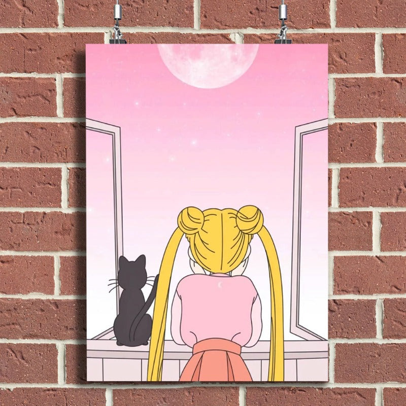 Mädchen Und Ihr Mond Katze - Leinwand Wandkunst Gemälde