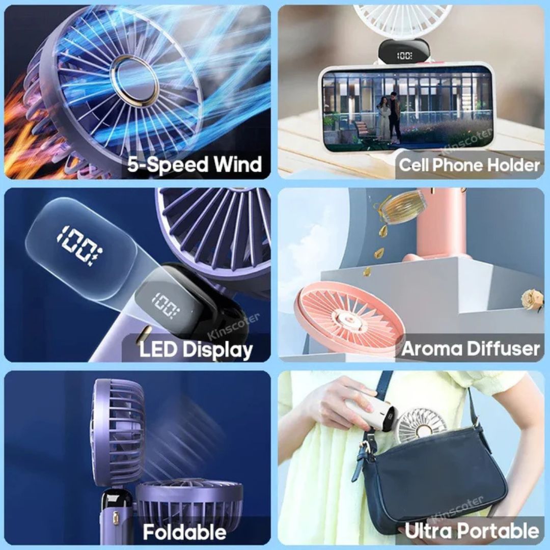 Wiederaufladbarer Handheld Mini Ventilator | 5-Geschwindigkeits, 90-Grad verstellbar & leise für Büro, Zuhause & Außenbereich | Brehn