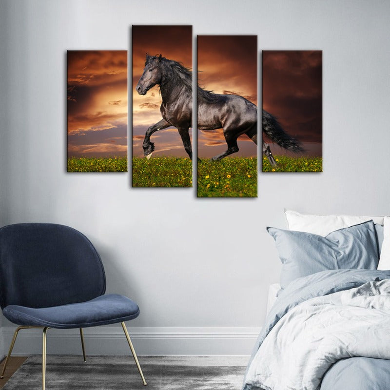 4 Stück Laufendes Schwarzes Pferd - Leinwand Wandkunst Gemälde