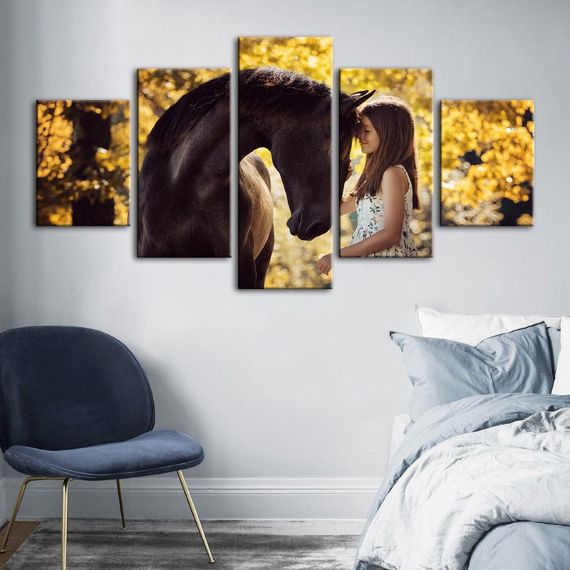 5-teilige Freundschaft zwischen Mädchen & Pferd - Leinwand Wandkunst Malerei