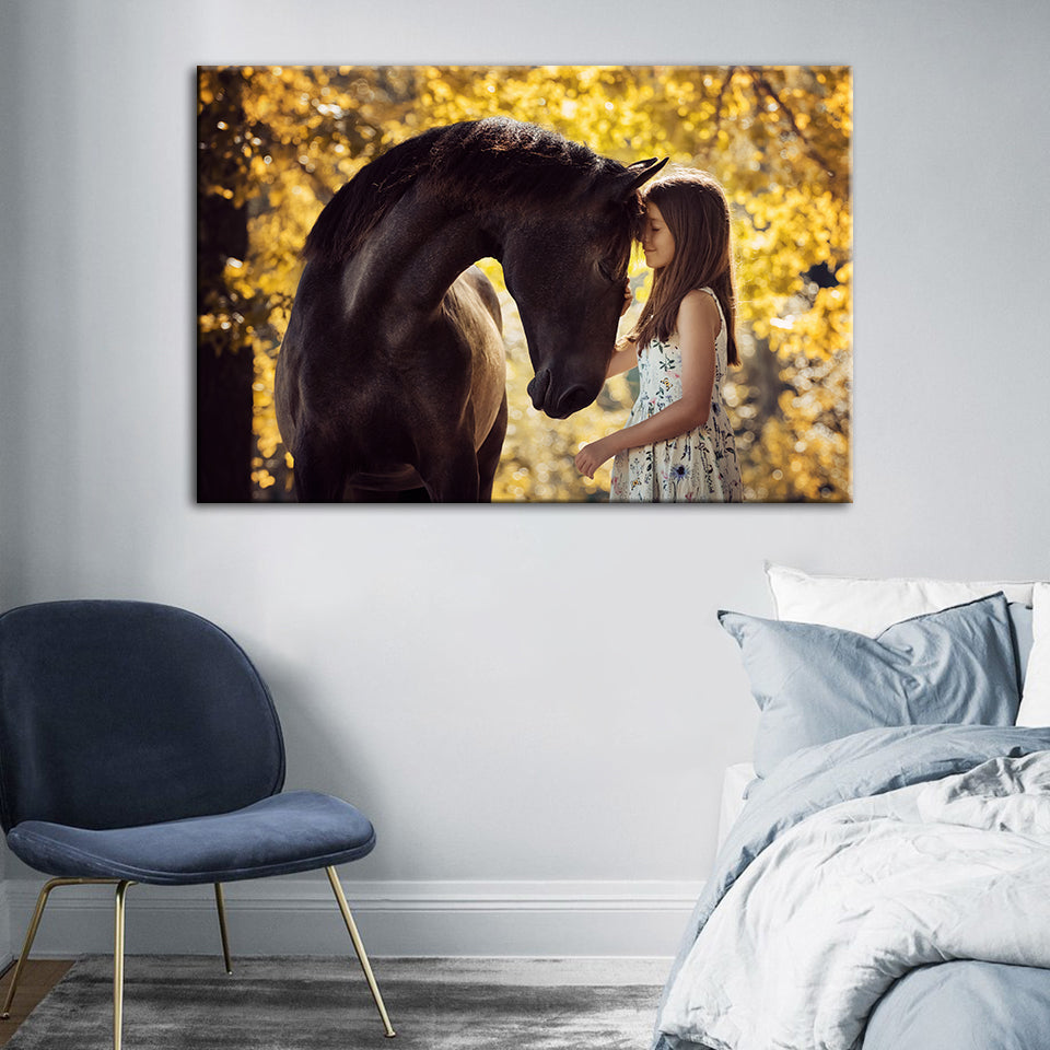 Freundschaft zwischen einem Mädchen und einem Pferd - Leinwand Wandkunst Malerei