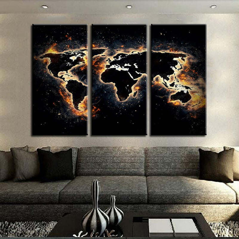 Feuer und schwarze Weltkarte - Leinwand Wandkunst Gemälde 3 Teile