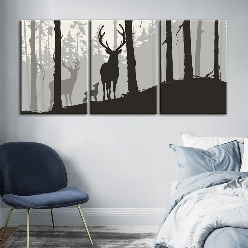 Silhouette einer Hirschfamilie – Leinwandbild, 3-teilig