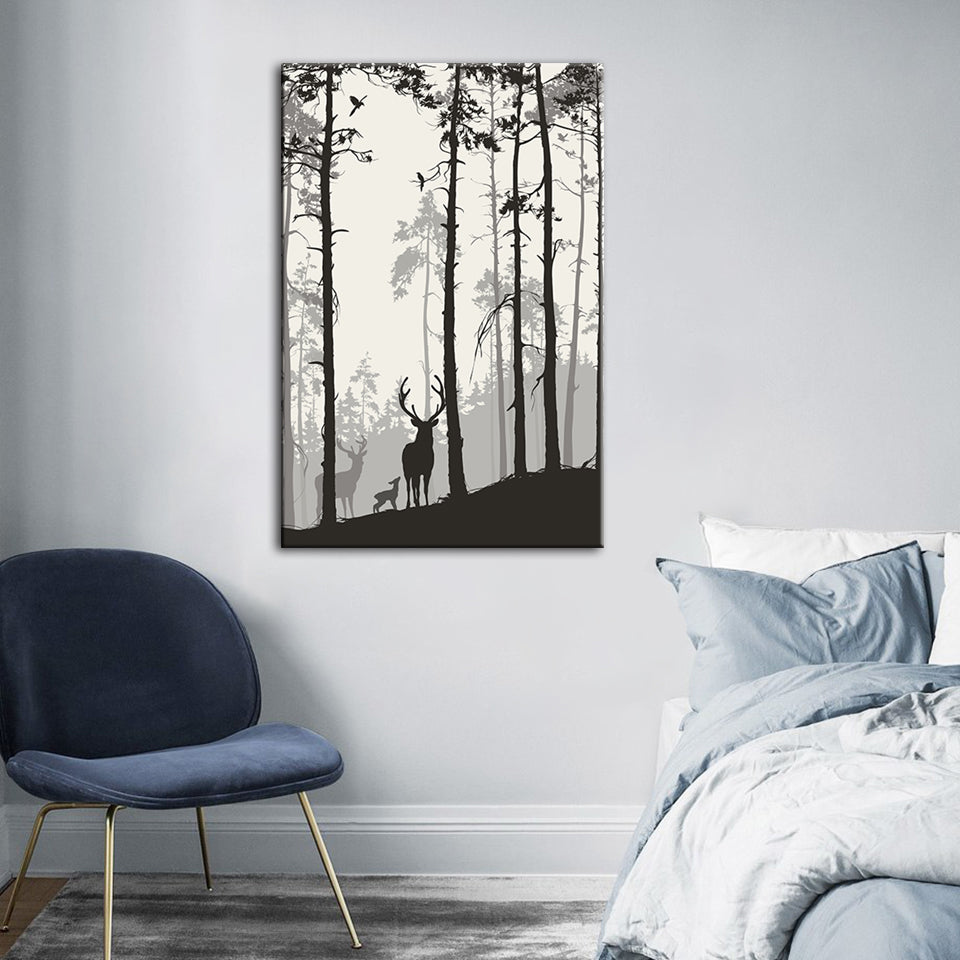 Silhouette einer Hirschfamilie – Leinwandbild