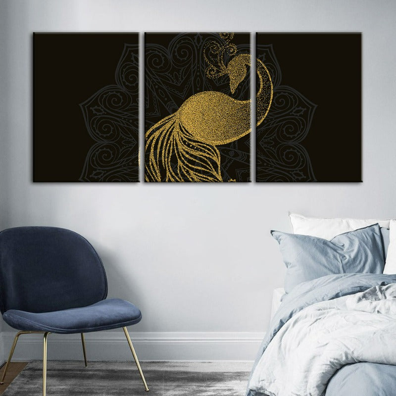 Abstraktes Goldenes Mandala Pfau - Leinwand Wandkunst Gemälde 3 Teile