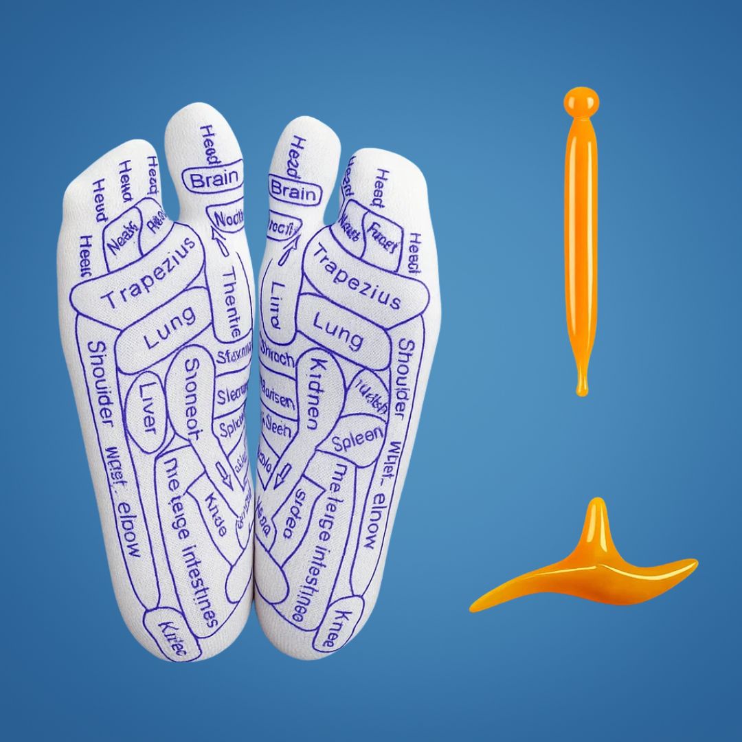 ReflexEase | Reflexzonen-Socken – Bedruckte Karte & Werkzeug – Atmungsaktives Material mit gesplitteten Zehen – Stressabbau zu Hause & Fußermüdungserholung Brehn