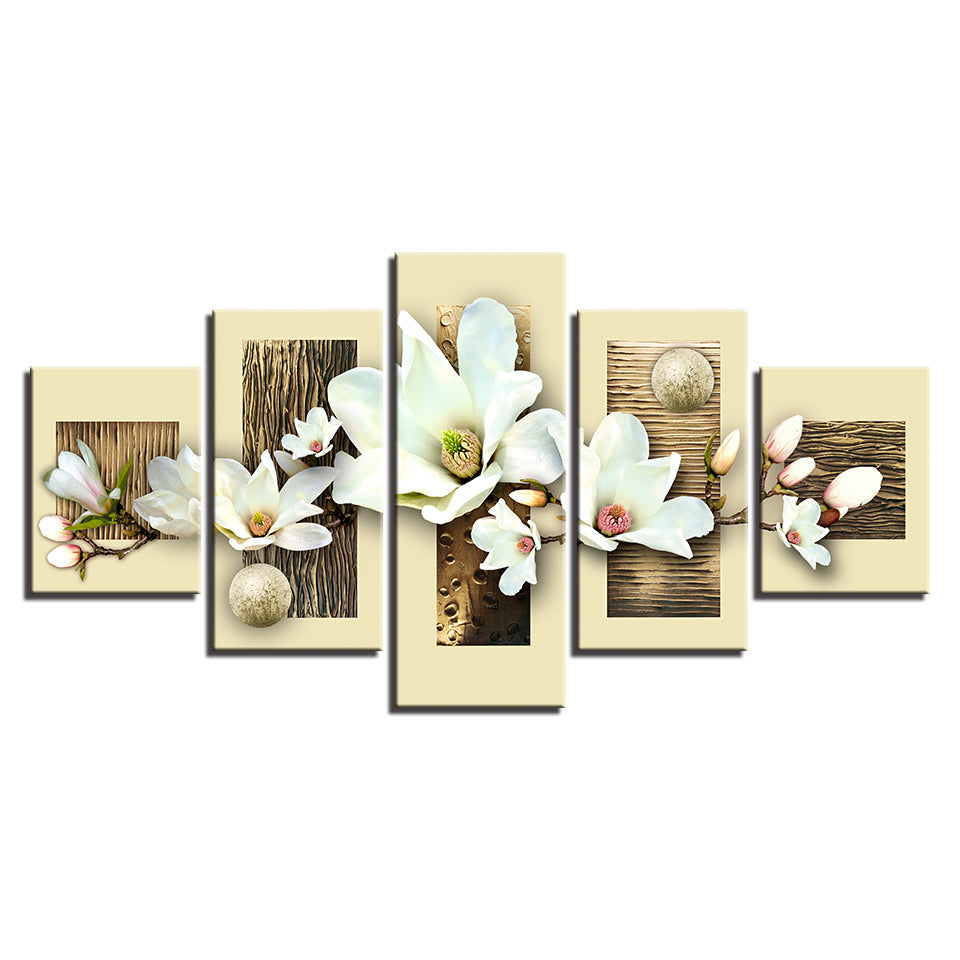 5-teiliges Leinwandbild mit strukturierten, mehrfarbigen Magnolien