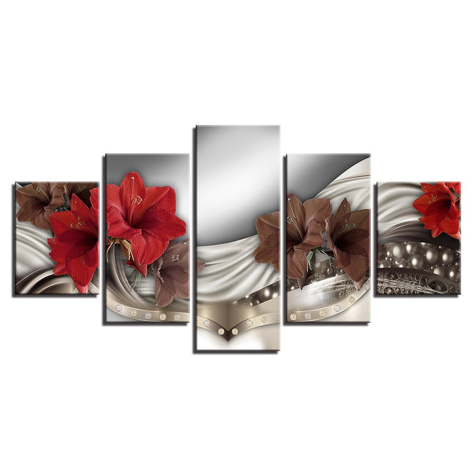 5-teiliges Leinwandbild mit eleganten roten Blumen