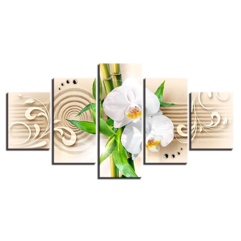 5-teiliges Bambus-Stick Weiß Blumen - Leinwand Wandkunst Malerei