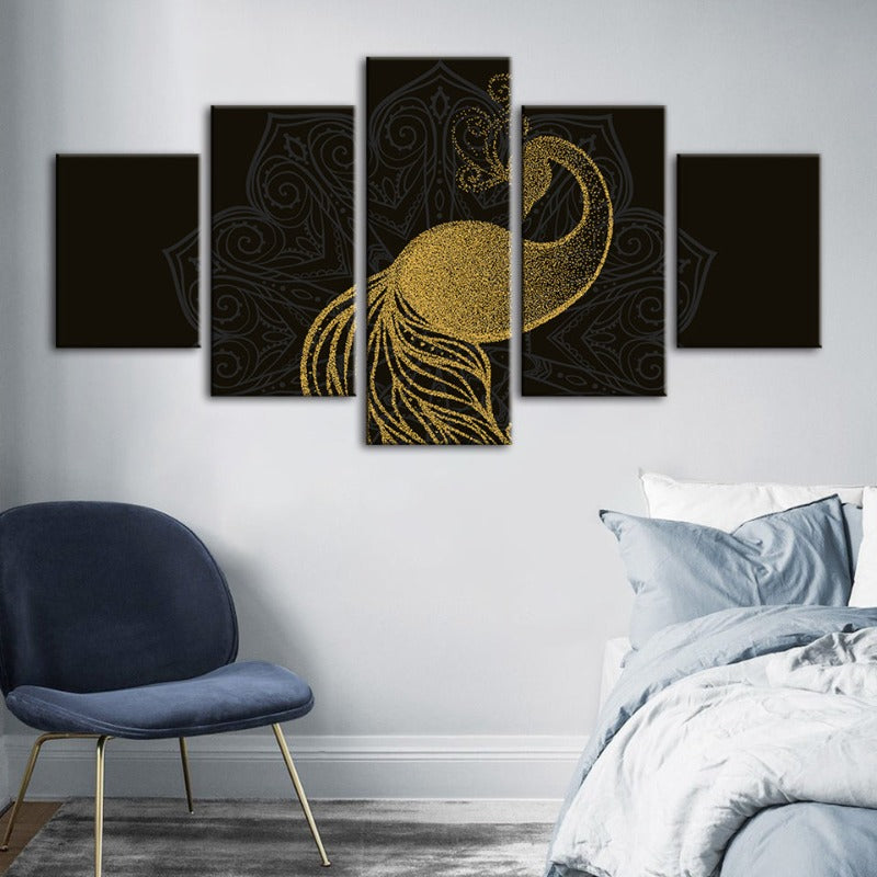 5-teiliges abstraktes goldenes Mandala-Pfau - Leinwand Wandkunst Gemälde
