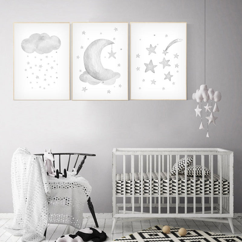 Graue Mond Sterne Wolke Kinderzimmer - Leinwand Wandkunst Malerei