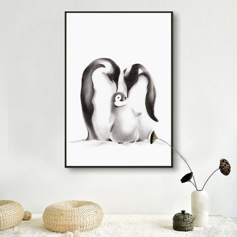 Moderne Pinguin-Familienliebe – Leinwandbild