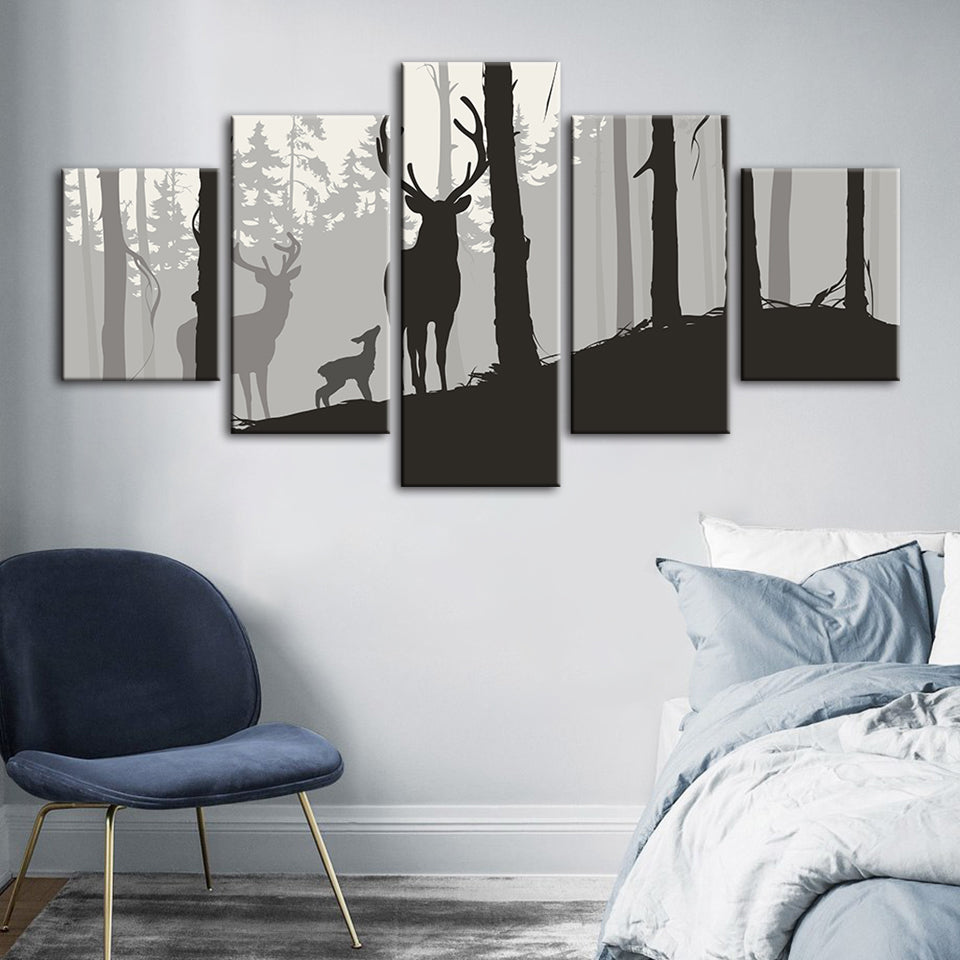 Silhouette einer Hirschfamilie, 5-teilig - Leinwandbild