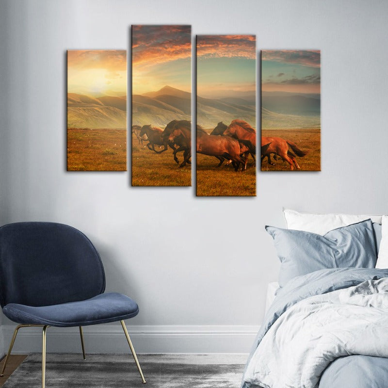 4 Stück Laufende Pferde Mit Schönem Landschaft - Leinwand Wand Kunst Malerei